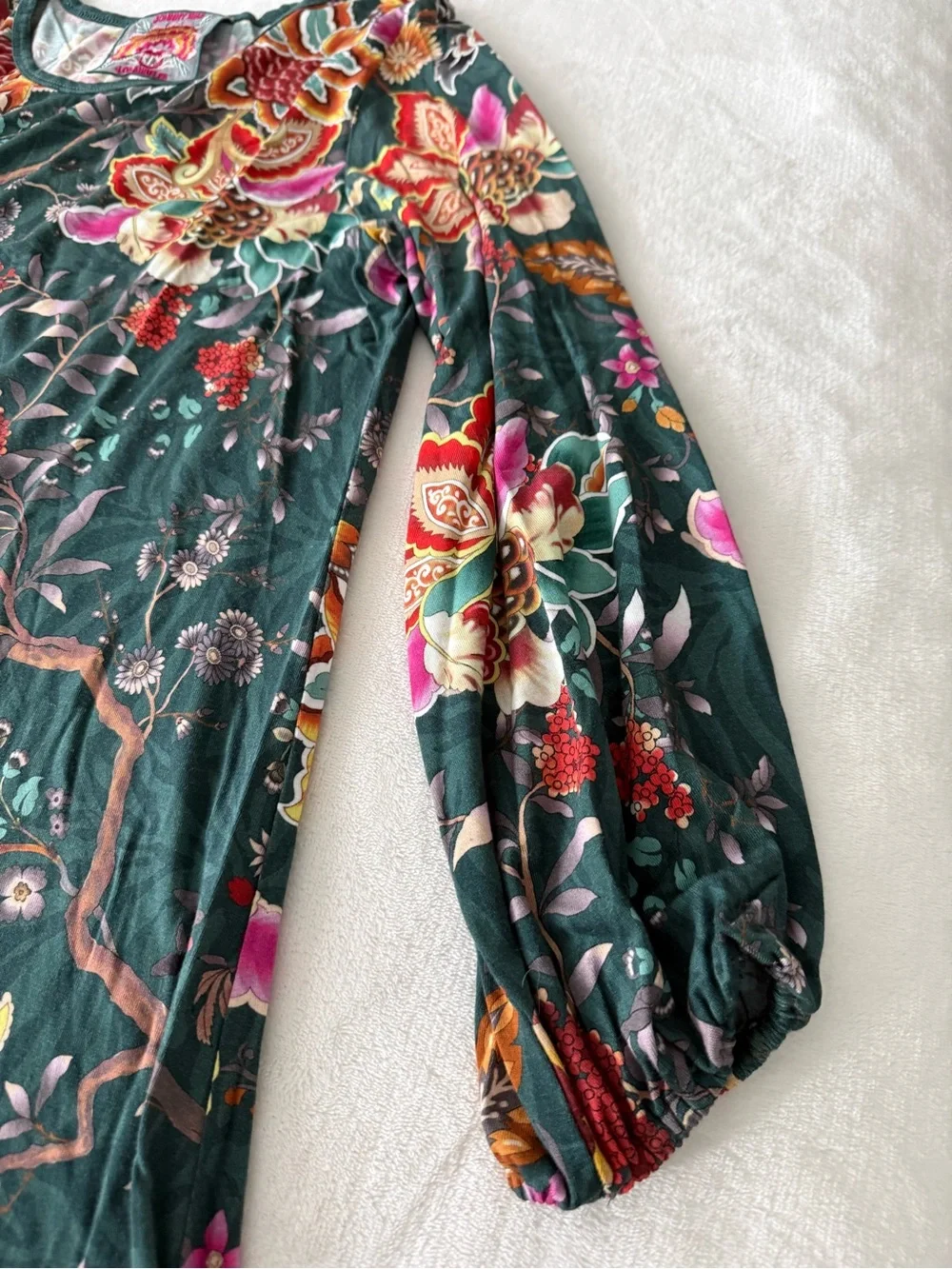 Johnny Was Orizaba Puff Sleeve Floral Soft Scoop Neck Green Blouse Top M E03